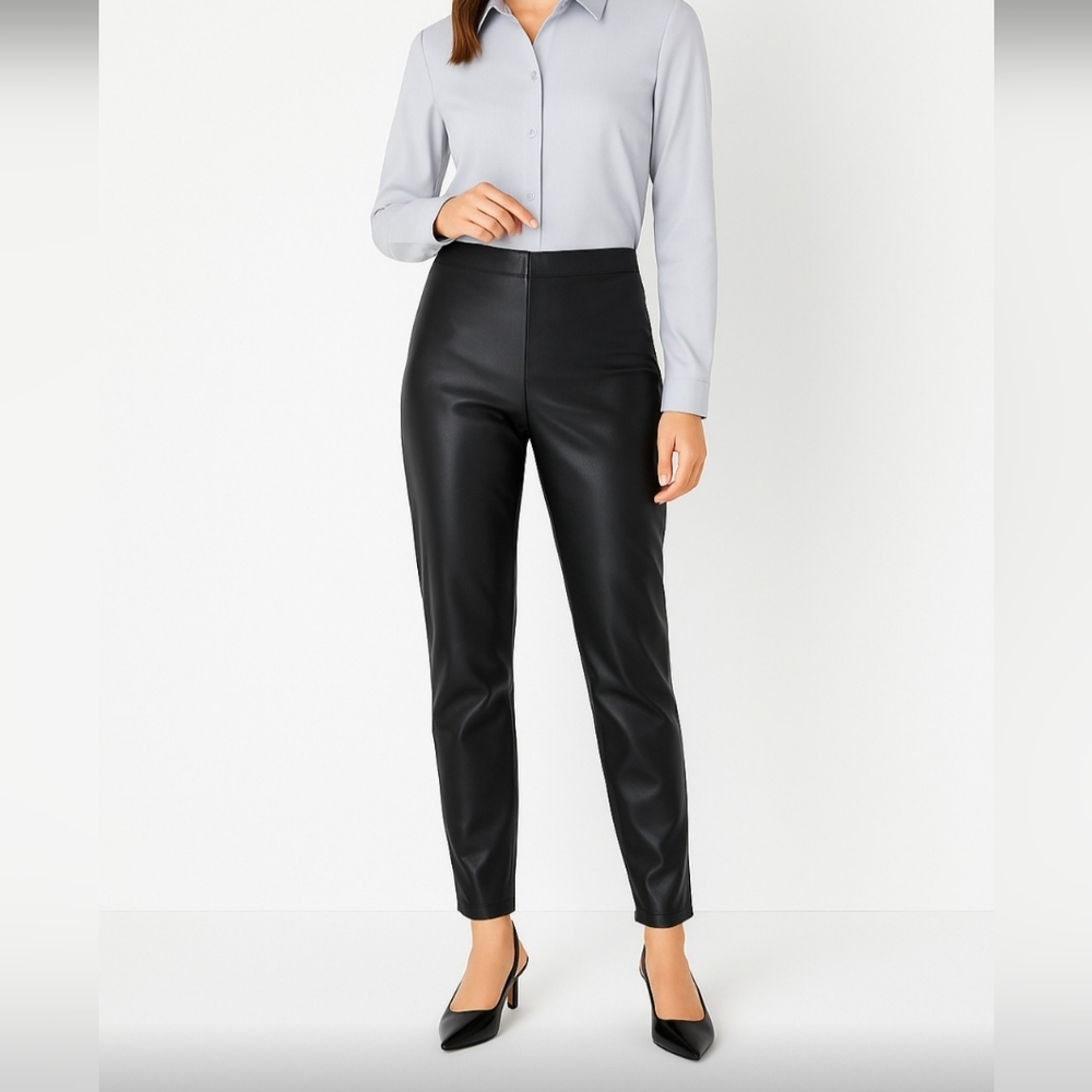 New H&M Women's Pants Sz 8 Petit Black Faux Leather Pleather Stretchy